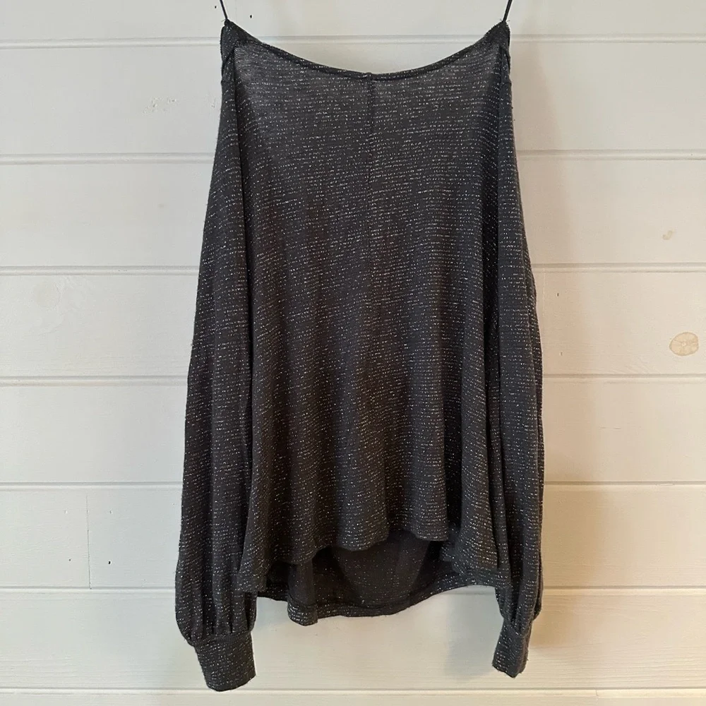 Free People Metallic Shimmer Draped Cowl Neck Long Sleeve Boho Oversized Top S